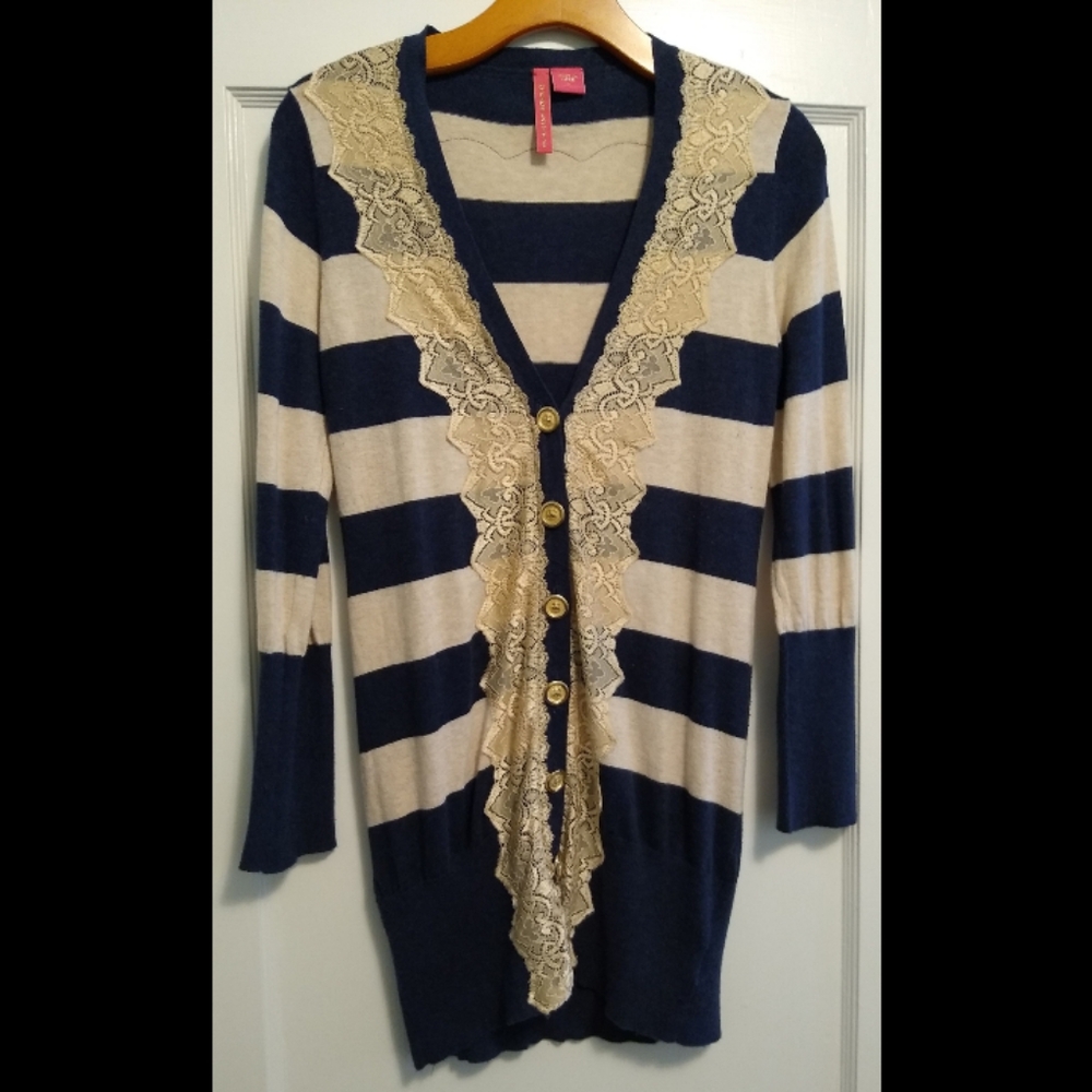 Charlotte Tarantola Navy & Cream Wide Striped Cardigan Sweater w/ Lace Detailing
